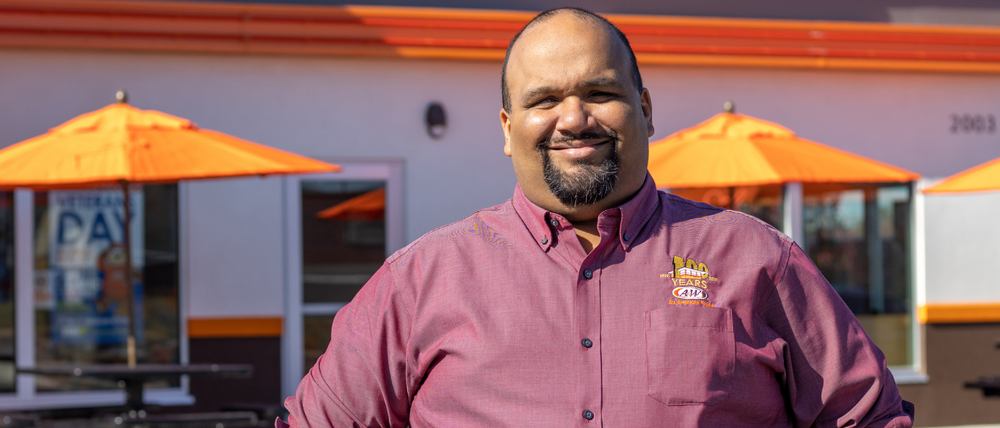 Jack standing in front of an A&W Restaurant